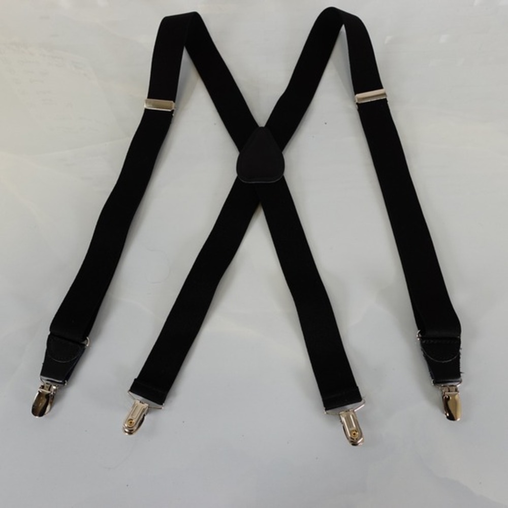 Suspender Mens Black Leather Clip On‎ Adjustable Strap Stretch Elastic X Back